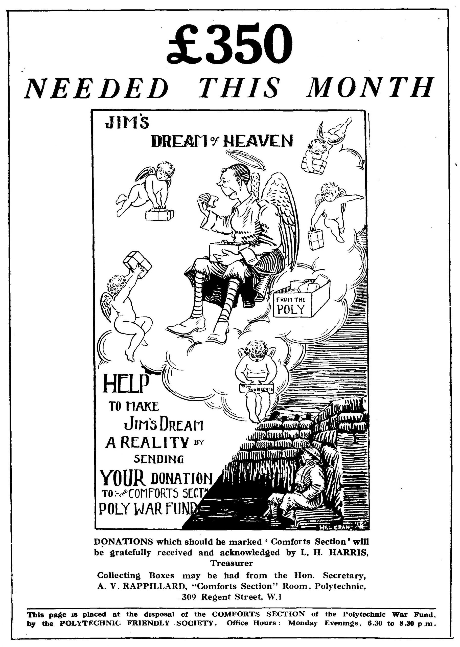 War Comforts appeal for £350 from the Polytechnic Magazine from 1918
