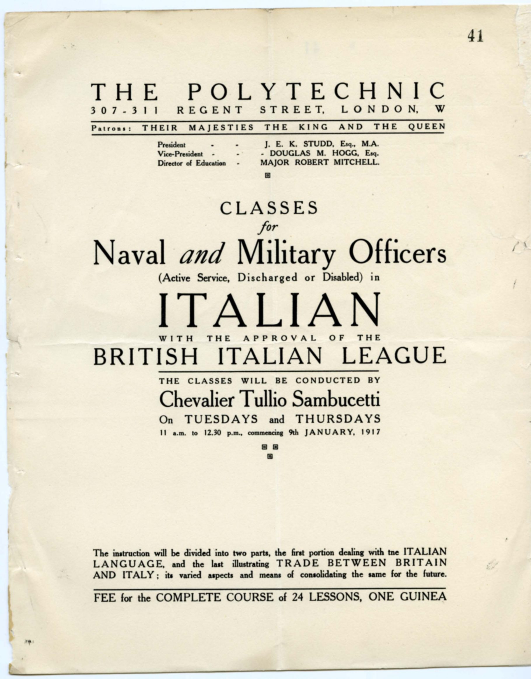 Prospectus for Italian classes at the Poly, 1916