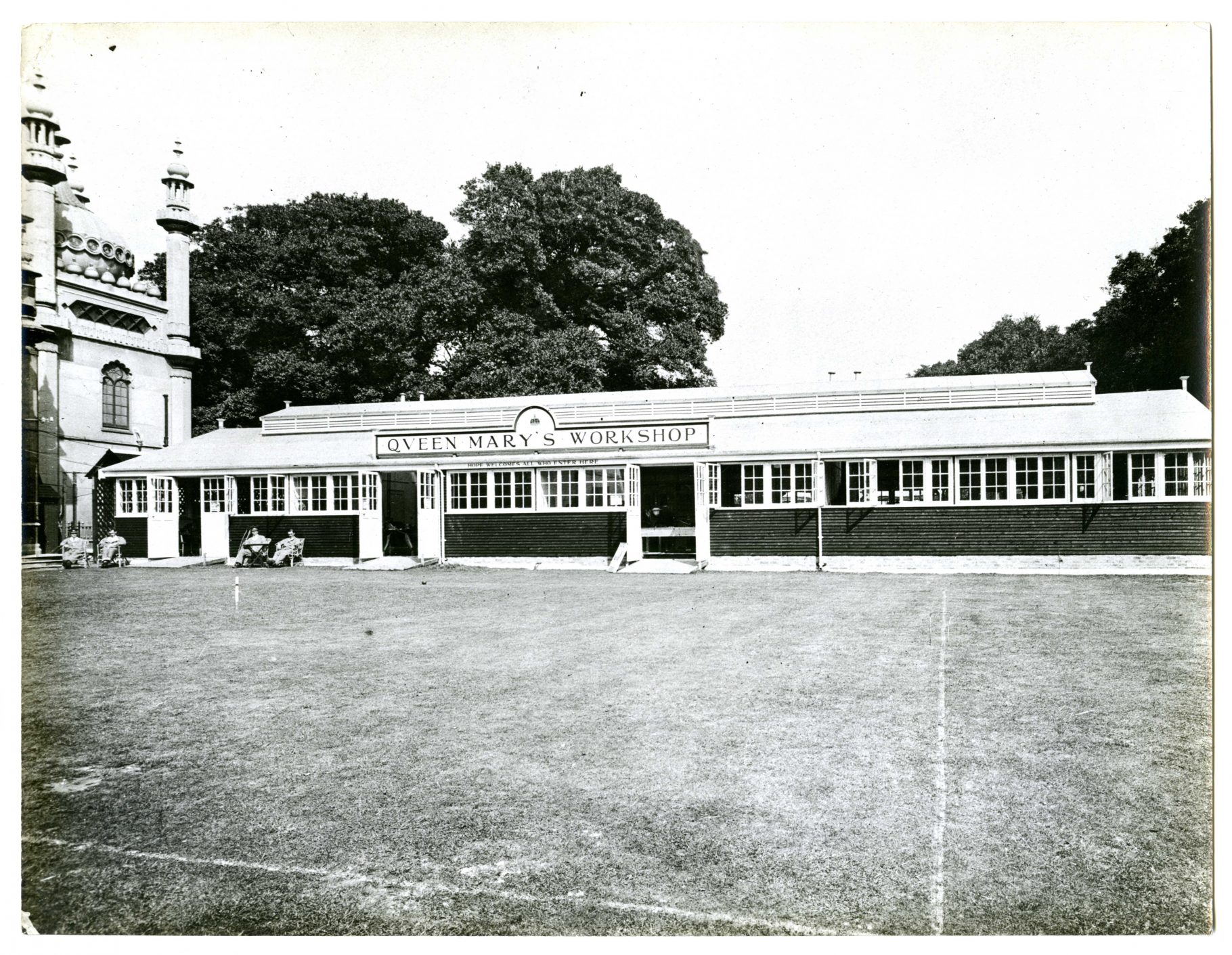 Photo of the exterior of Queen Mary's Workshop at the Royal Pavilion Brighton, 1918