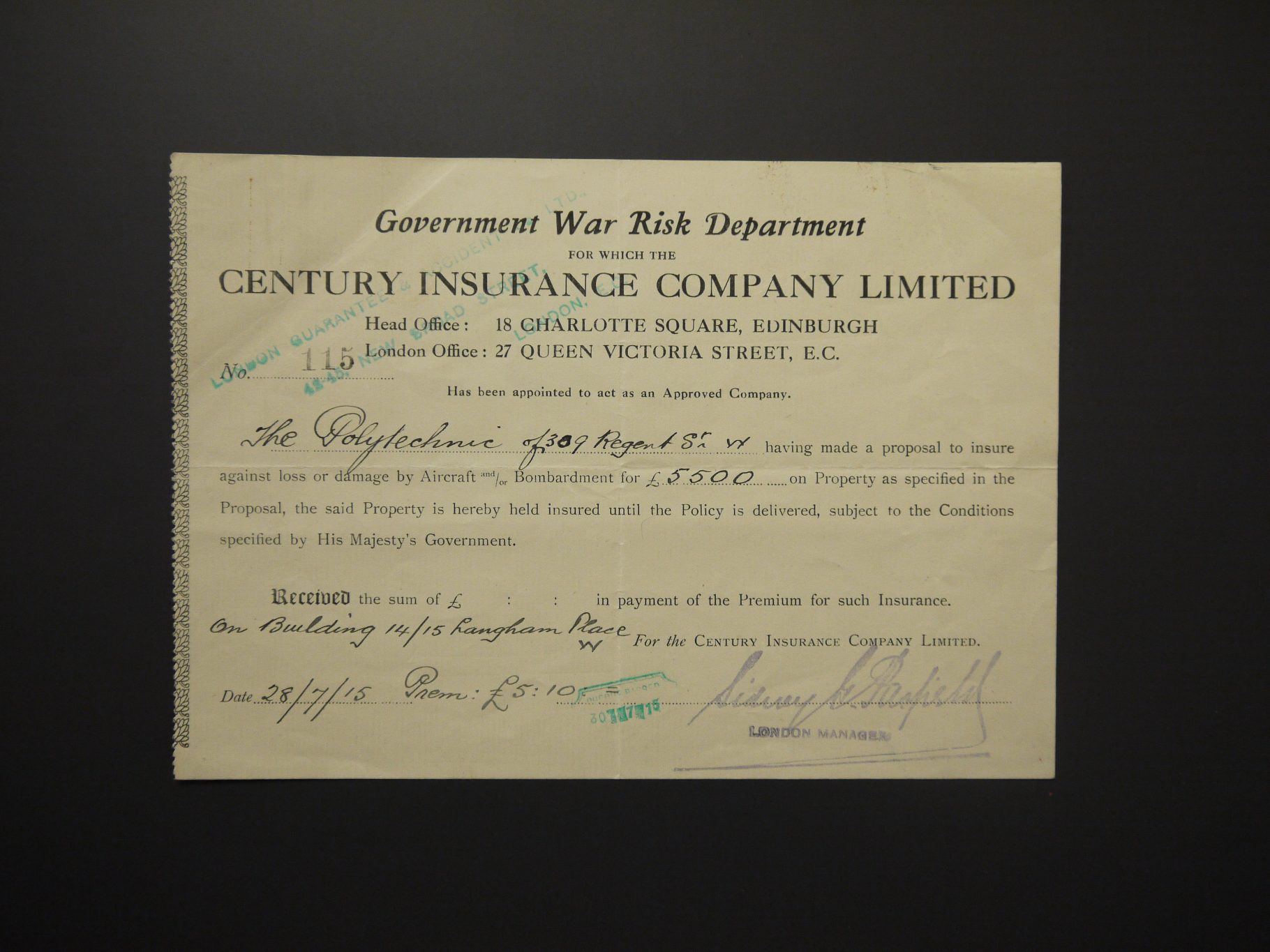 Government War Risk Department receipt for Aircraft Bombardment Insurance for 309 Regent Street, 1915