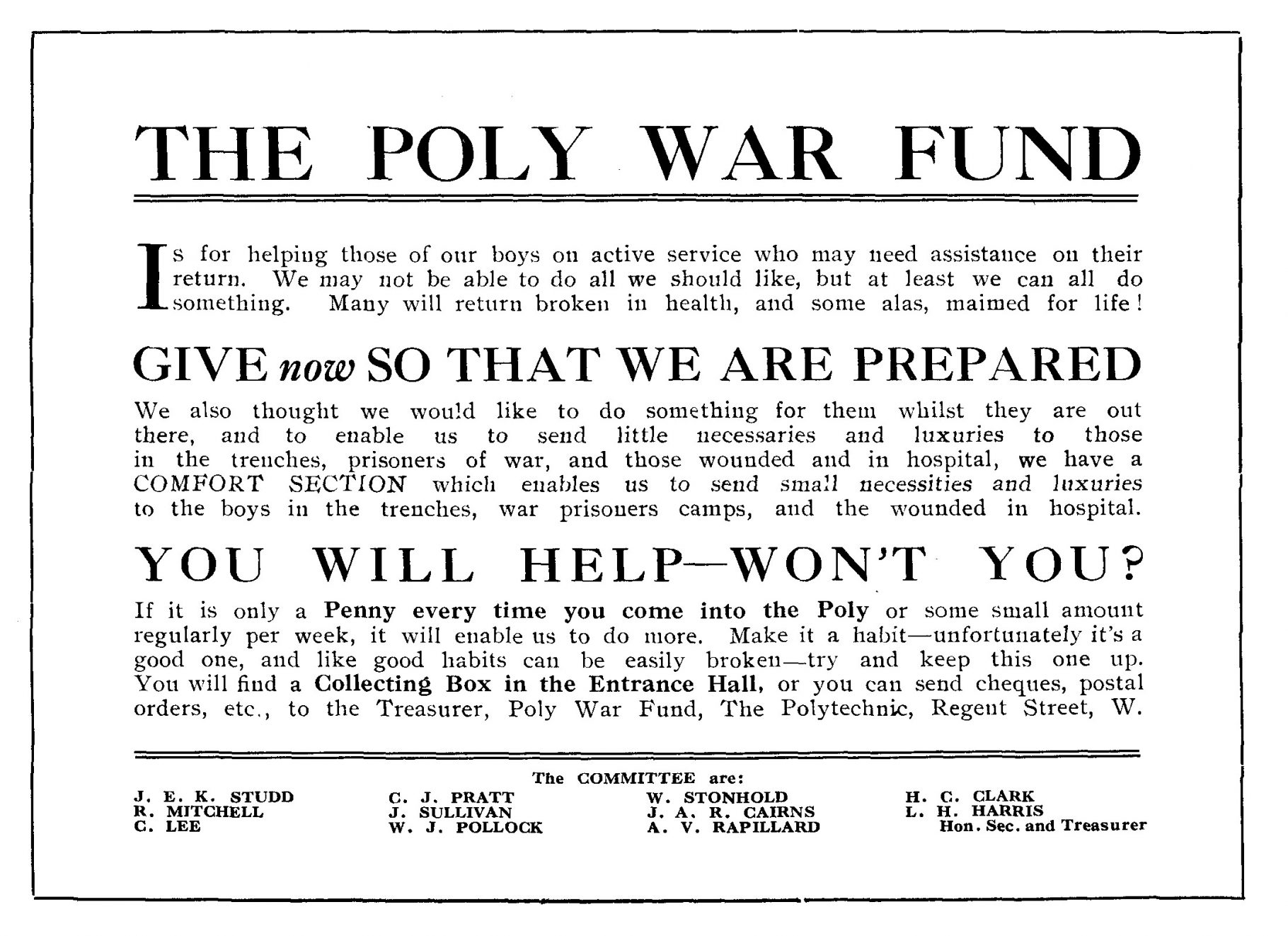 Appeal from the Poly War Fund published in the Polytechnic Magazine, July 1915