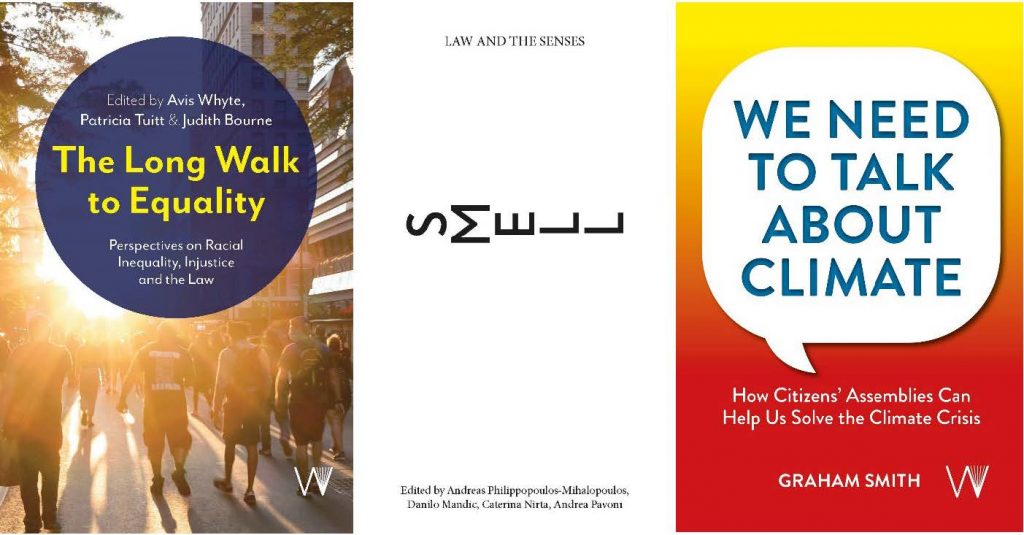 Front covers of the three books published by University of Westminster Press since October 2023. The Long Walk to Equality, Smell and We need to talk about climate. Full details are in the text below.