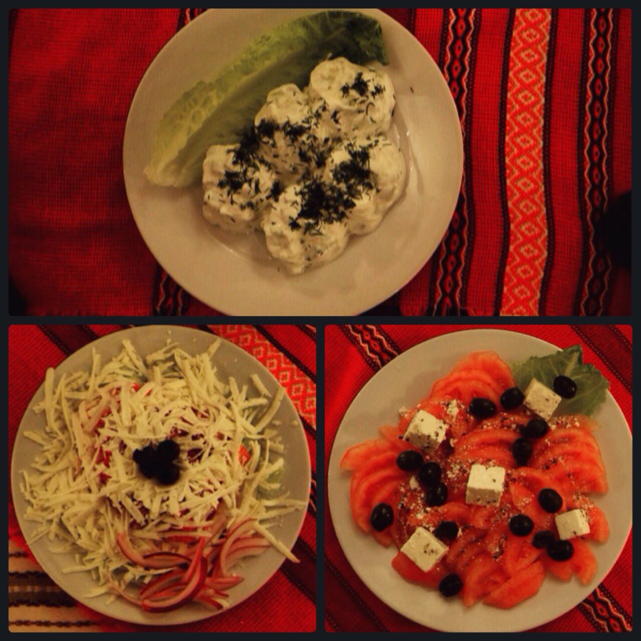 Top: Snejanka made with yogurt, cucumbers and dill Left: Shopska salad made with tomatoes, cucumbers, onions, green peppers and feta cheese Right: Peeled tomatoes with feta cheese and olives Credit: Elitsa Grigorova