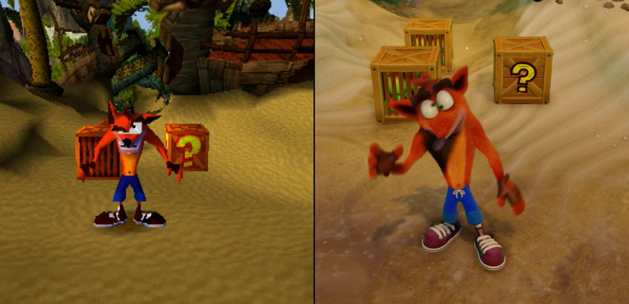 Side by side comparison - The original Crash game, 20 years ago, on the left, and the remastered Crash game on the right | Source: Thumb