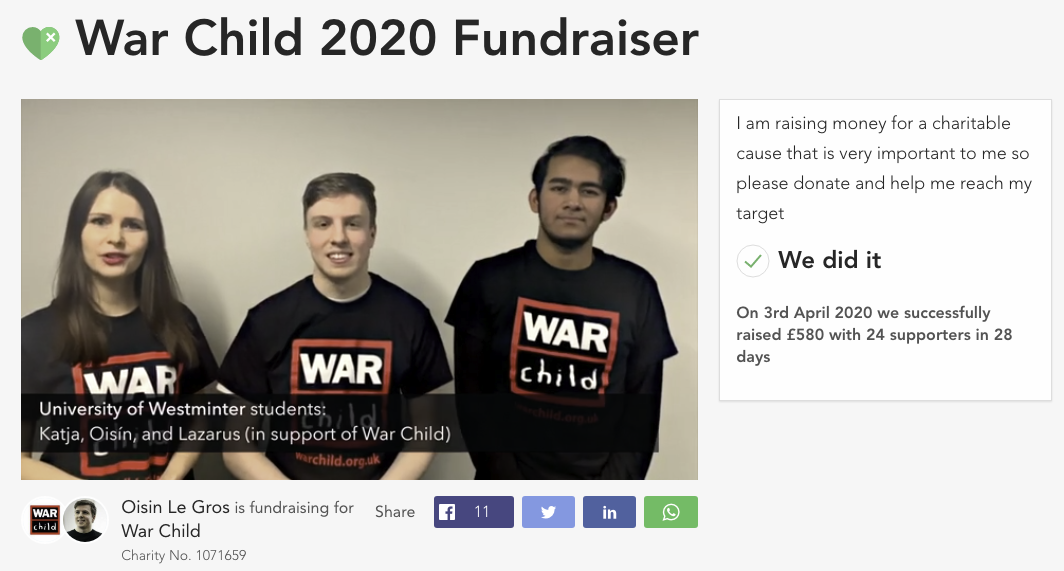 War Child 2020 crowdfunder landing page