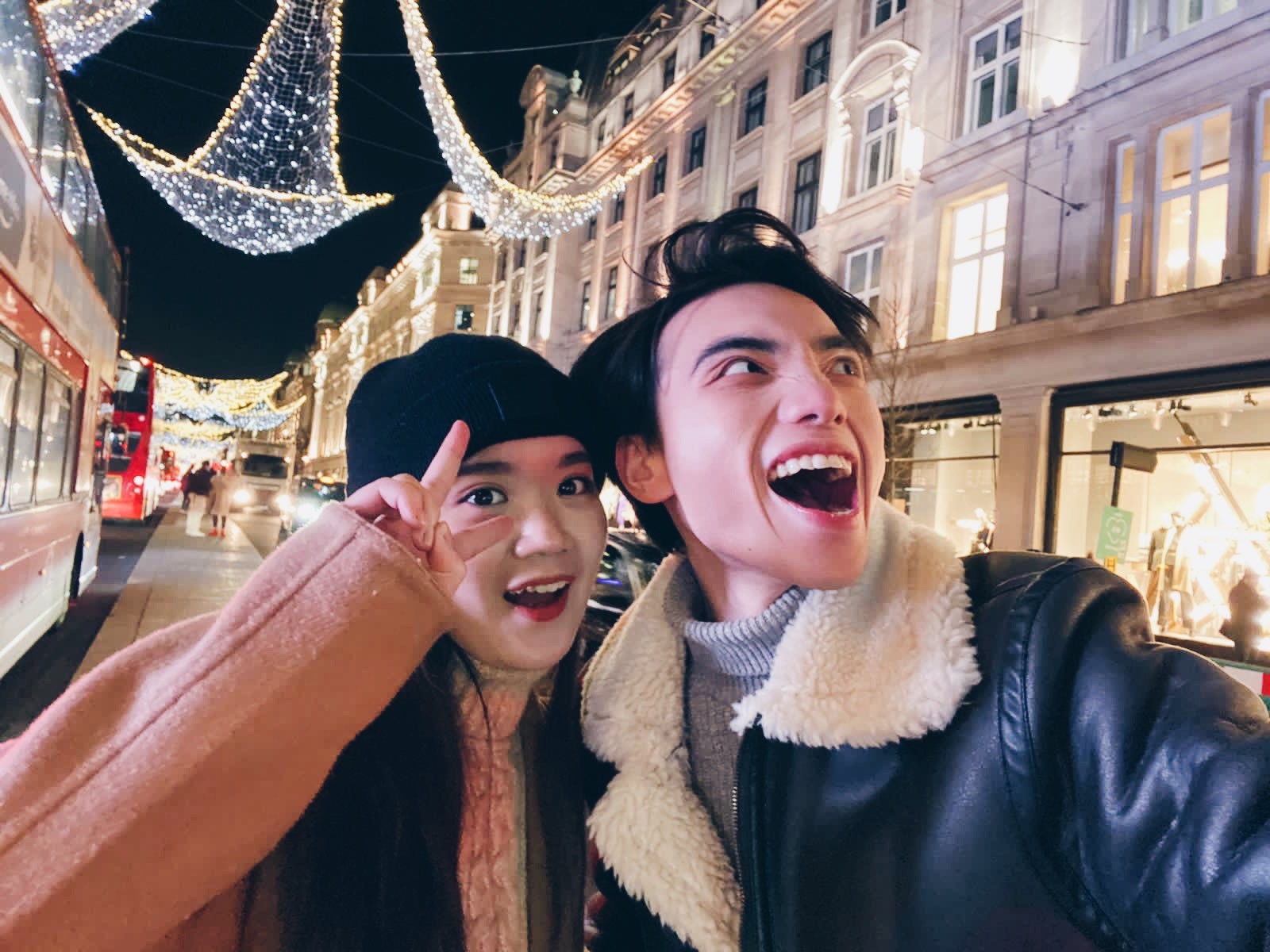 Judy and Peace took selfie under Christmas Light at Regent's Street