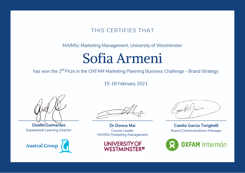 Sofia Armeni's certificate for achieving the Second Prize in Marketing Planning Business Challenge - Brand Strategy