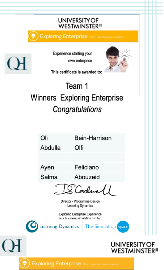 Digital certificate of winning team in the exploring enterprise business simulation