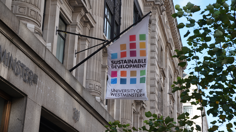 University of Westminster Sustainable Development banner Regent Street Campus exterior