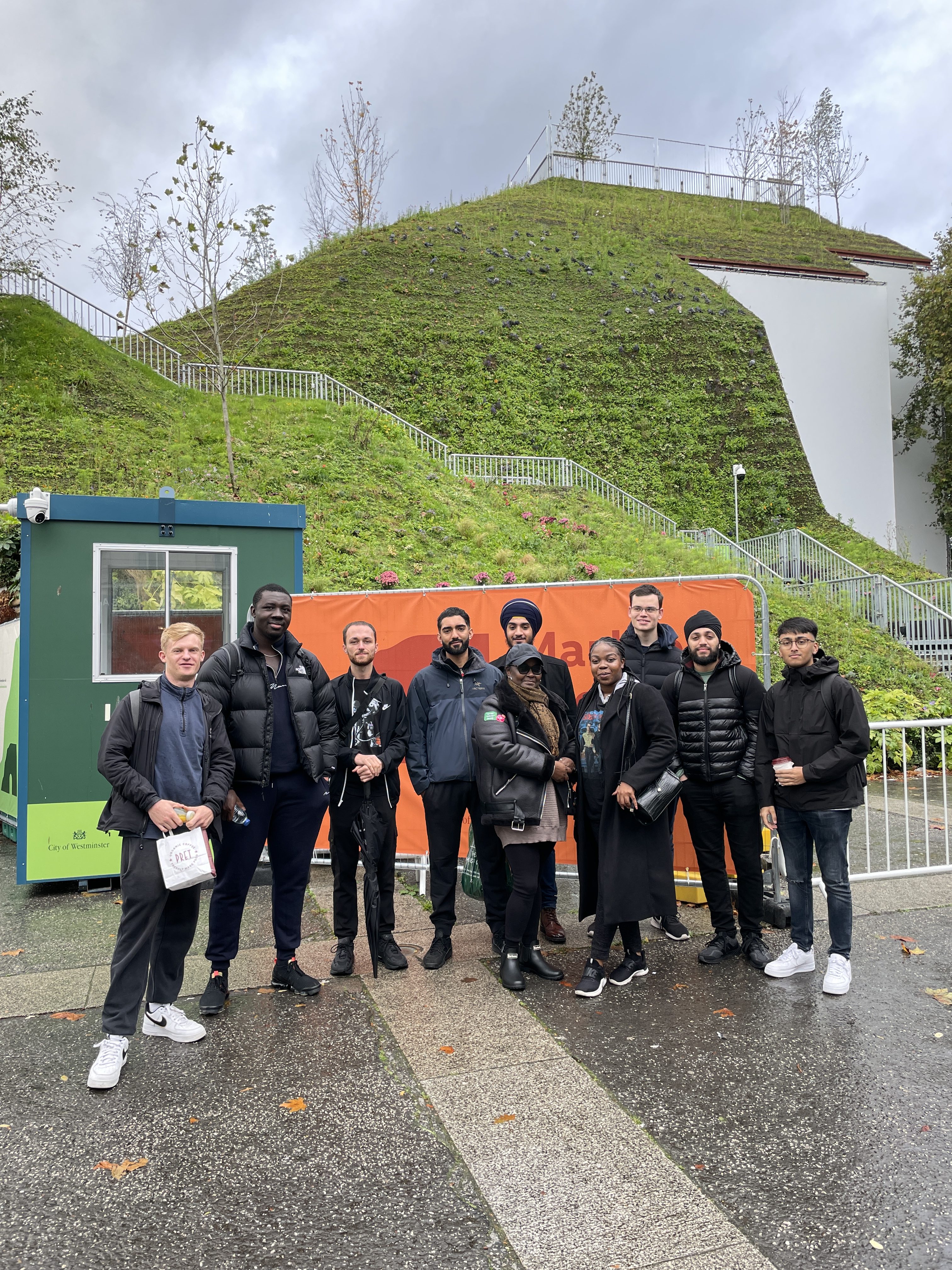 Real Estate BSc Honours students gather for a group photo on a site visit to Marble Arch Mound.