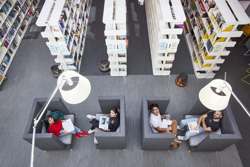 Students, Library, Marylebone, Campus, Studying, Men, Women, Desk, Bookshelves, Sofas, Books, Lamp