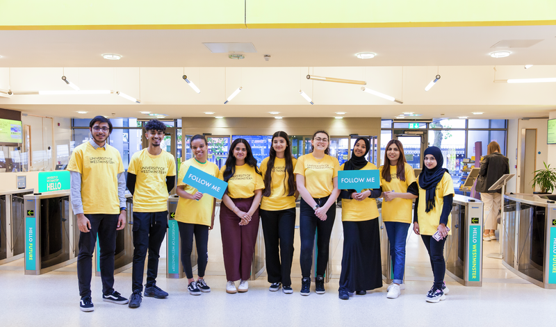 Nine-students-ambassadors-standing-in-a-line-together-at-the-marylebone-open-day