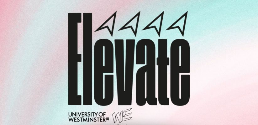 Elevate posted on pink and blue background