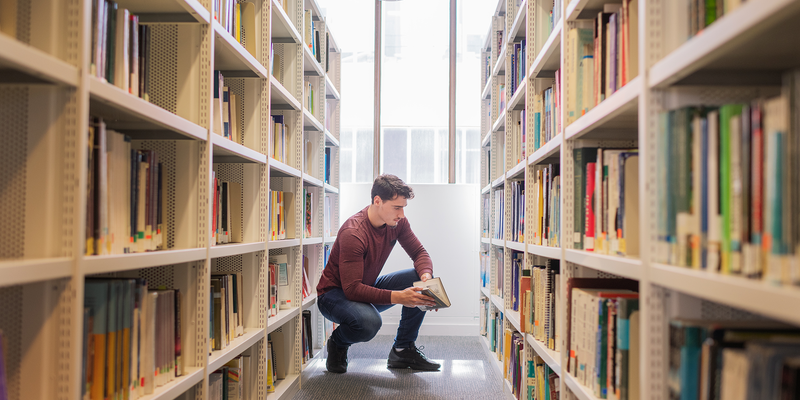 Student in the library crouching down looking at books