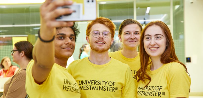 Students gathered together to take a selfie