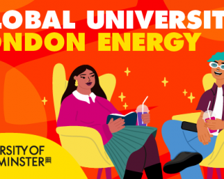 Illustration-of-two-student-sitting-on-yellow-chairs-with-drinks-orange-background-with-words-global-university-london-energy-university-of-westminster-logo