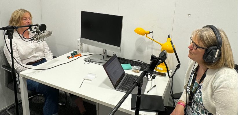 Professor Coral Dando and Professor Catherine Loveday recording their episode of Psychology Unleashed in a studio.