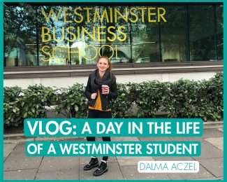Vlog: A Day in The Life of a Westminster Student_International Student Blogger, Dalma Aczel_title image_Dalma with coffee outside the Marylebone campus