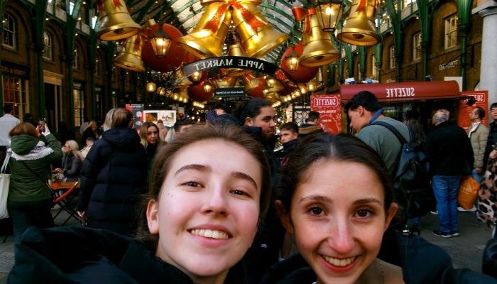 Sveva with best friend at Covent Garden Christmas market Christmas cropped