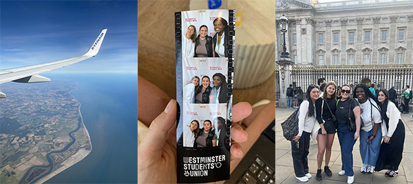 3 split images-flight-photo booth-Buckingham Palace_My First Weeks at Westminster in London: Arrive, Explore, Succeed-3International Student Blog_Renata Pernegrova