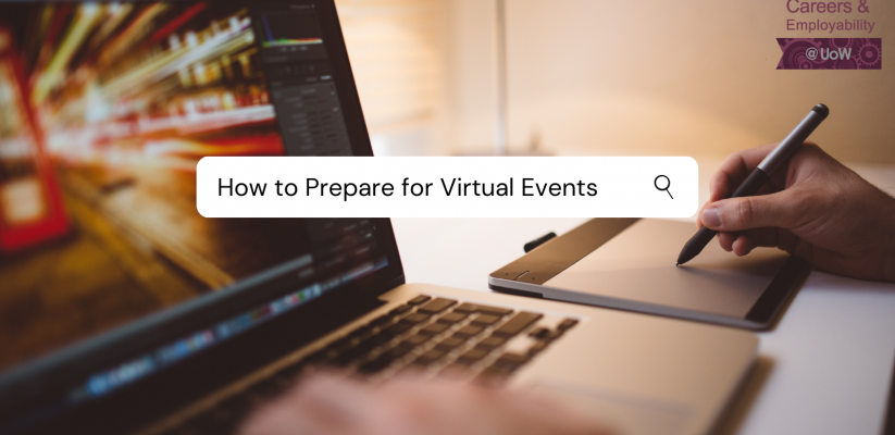 a person working on a laptop with a heading over the top saying how to prepare for virtual events
