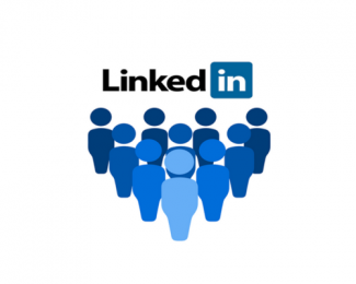 Image shows LinkedIn logo hovering over a group of blue people in blue (clipart)