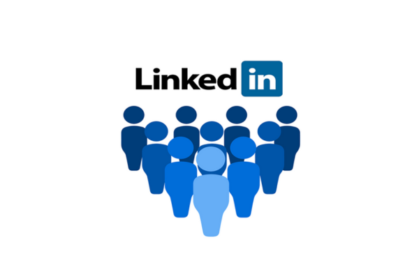Image shows LinkedIn logo hovering over a group of blue people in blue (clipart)