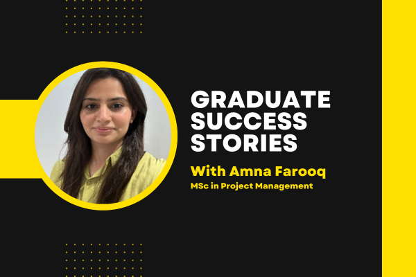 Image shows Amna against a black and yellow modern background design