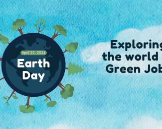 Earth Day graphic of a blue planet with green trees growing out in all directions