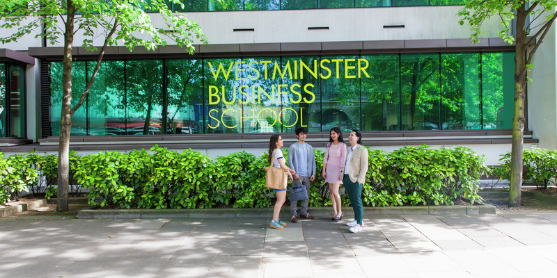 Westminster Business School exterior campus with students